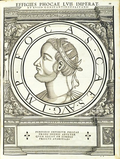 Phocas, illustratie uit Imperatorum romanorum omnium orientalium et occidentalium verissimae imagines ex antiquis numismatis, houtsnede door Rudolph Wyssenbach, gedrukt door Andreas Gesner, Zürich door Hans Rudolf Manuel Deutsch